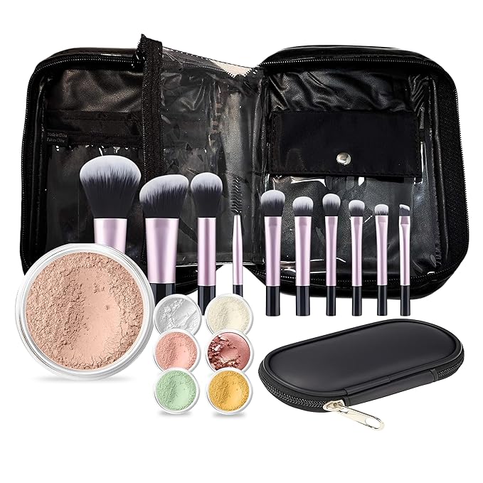 19 pc STARTER KIT w/BRUSHES & CASE (LIGHT TAN) Mineral Makeup Foundation Blush Bronzer Illuminating Veil Set Bare Skin Matte Powder