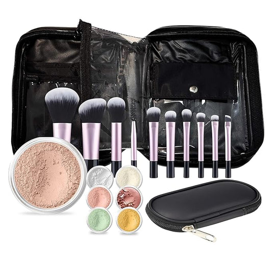 19 pc STARTER KIT w/BRUSHES & CASE (LIGHT TAN) Mineral Makeup Foundation Blush Bronzer Illuminating Veil Set Bare Skin Matte Powder
