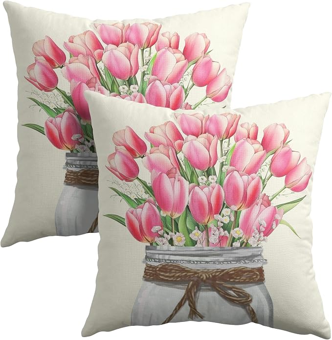 Kawani Tulip Flower Throw Pillow Covers 16x16 Inch Set of 2 Watercolor Pink Red Floral Mason Jar Pillowcase Cotton Linen Cushion Case with Hidden Zipper for Couch Sofa Bed Home Decor