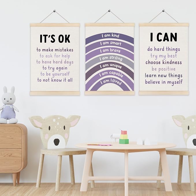 Koesus Inspirational Classroom Purple Rainbow Wall Art Poster Hanger Frame 12x16 Inch Set of 3, Positive Affirmations for Kids, Motivational Canvas Prints Framed Wall Decor for Classroom Kids Room