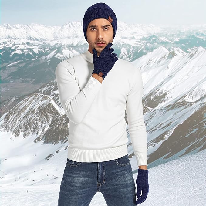 Winter Warm Beanie Hat Touchscreen Gloves Set, Soft Skull Cap Gloves Set for Men and Women with Warm Knit Fleece Lined