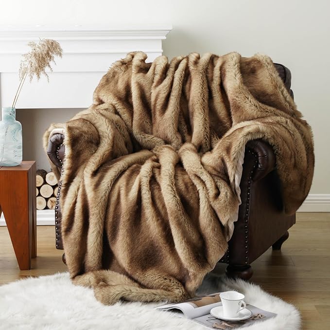 BATTILO Luxury Ochre Faux Fur Throw Blanket for Couch, Home Decor, 50"x60" | Soft Cozy Mink Plush Warm Elegant Fuzzy Furry Fluffy Faux Fur Blanket for Bed, Sofa, Living Room, Long Pile