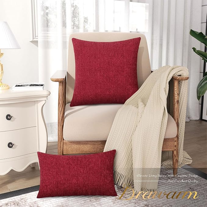 BRAWARM Throw Pillow Covers 22x22 Inches - Red Chenille Pillow Covers Pack of 2, Solid Dyed Soft Chenille Pillow Cases for Couch Sofa Bed Home Decoration