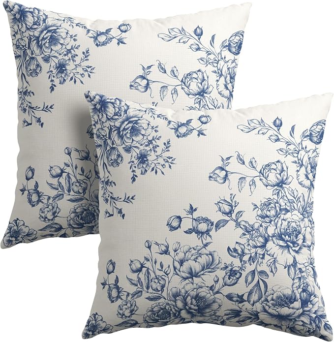 Kawani Chinoiserie Flowers Throw Pillow Covers 22x22, 2Pc Set Blue White Vintage Chic Floral Square Pillowcases Cotton Linen Cushion Cover for Couch Sofa Porch Car Seat Home Decor