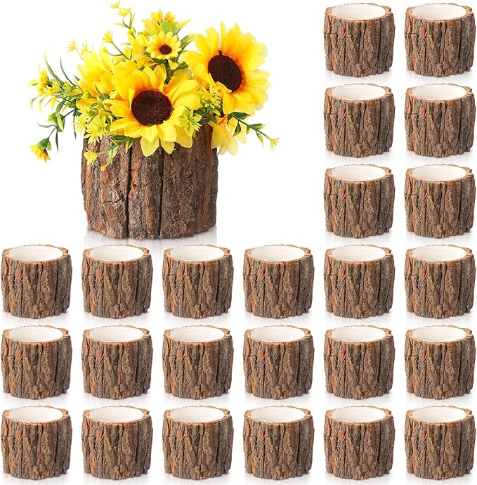 24 Pcs Wooden Vase for Centerpieces Wedding Flower Table Centerpieces Woodland Party Decor Rustic Farmhouse Bark Stump Buckets Vintage Planter Pots for Garden Baby Shower Window Home (Large)