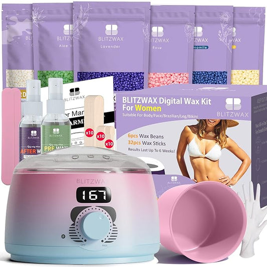 BLITZWAX Brazilian and Bikini Waxing Kit for Women, Hard Wax Warmer for Face, Legs and Body, At Home Hair Removal Kit, Beginner Friendly, Quick Heating, Pink and Blue Gradient Color