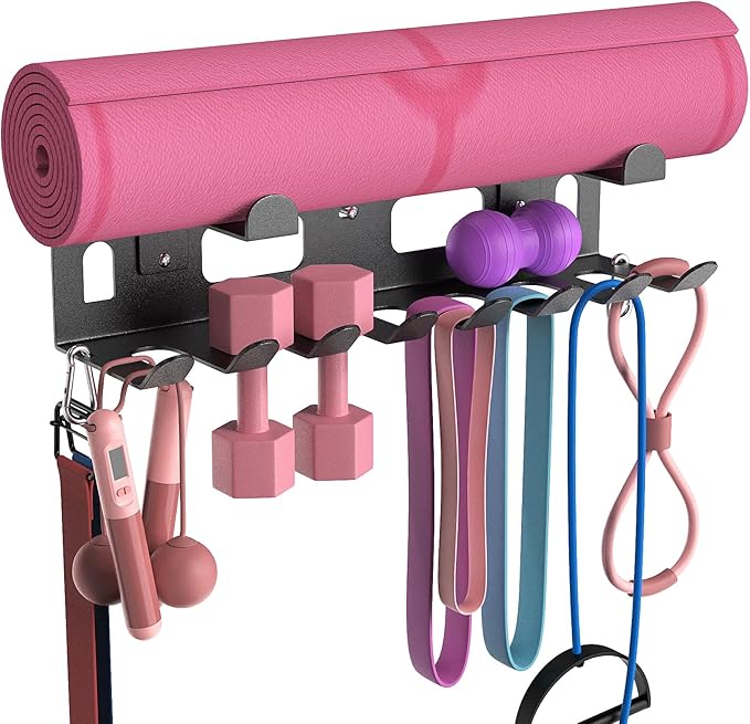 KHAMAL Multi-Purpose Gym Equipment Storage Rack for Resistance Bands - Gym Wall Storage for Exercise Bands, Yoga mat, Jump Ropes, Weight Belts, Straps, Hula Hoop (Black White)