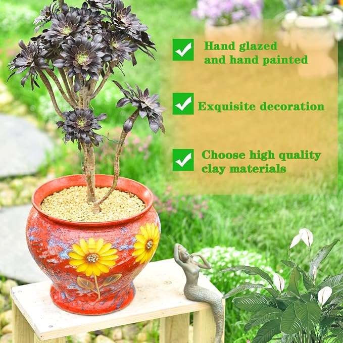 Sungmor 9 Inch Hand Painted Ceramic Succulent Plant Pots - Red & Daisy | Vintage Decorative Pottery Planters for Indoor Outdoor Plants, Table Centerpieces & Flower Arrangement Home Decor