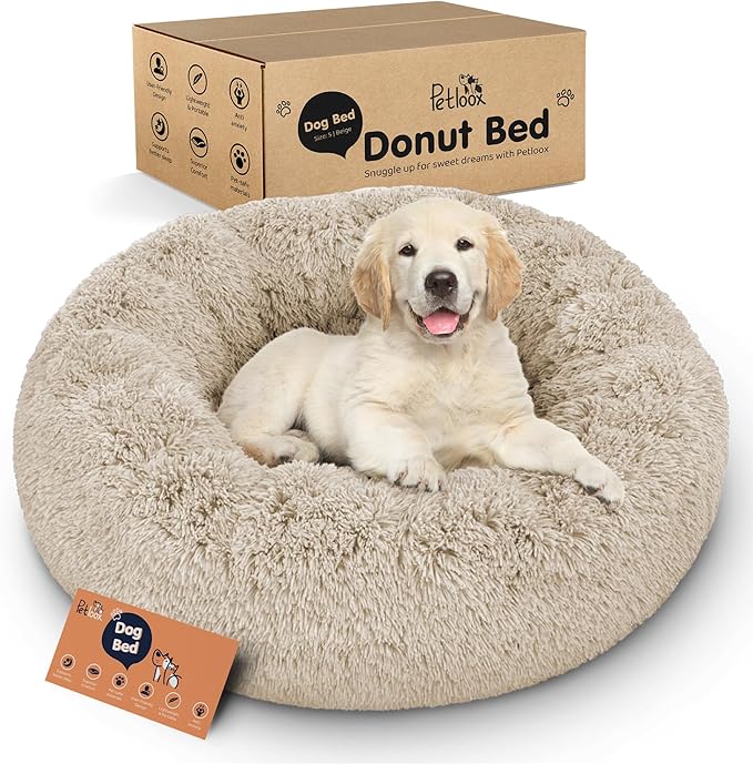 Donut Dog Bed - Premium Comfort for Anxiety Relief - Fluffy & Calming Design with Ultra-Plush Support | Cozy Round Dog Bed with Super Soft Circle Style (Ivory Beige, Small)