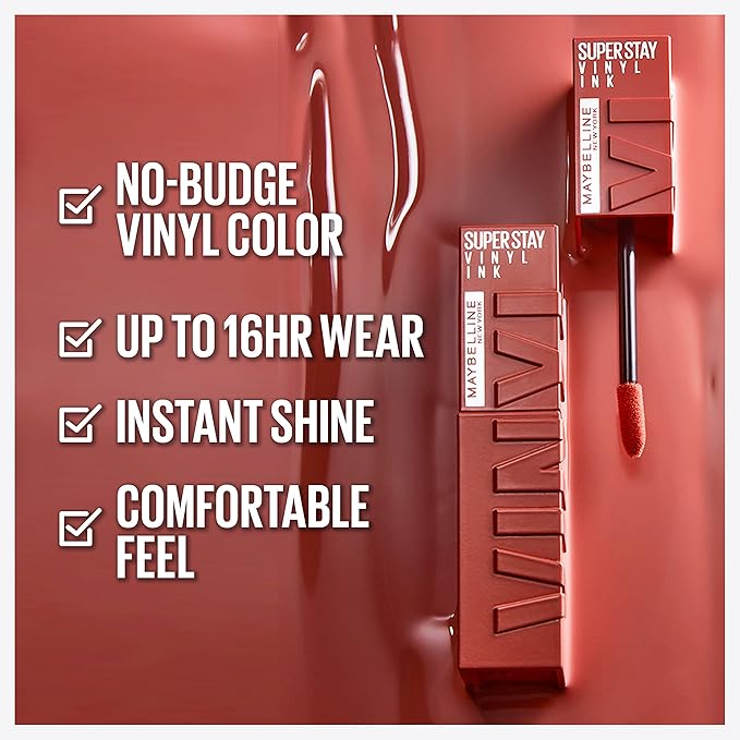 Maybelline Super Stay Vinyl Ink Longwear No-Budge Liquid Lipcolor Makeup, Highly Pigmented Color and Instant Shine, Awestruck, Pink Lipstick, 0.14 fl oz, 1 Count
