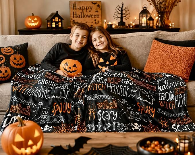Halloween Fleece Throw Blanket, Cute Bats Ghosts Spiderwebs Print 50x70 in | Thoughtful gift idea: Great present for Halloween lovers, college students, housewarming parties, or seasonal decorators