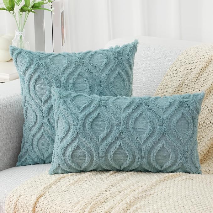 decorUhome Faux Fur Plush Soft Aqua Throw Pillow Covers 18x18 Set of 2 | Plush Solid Fall Couch Pillow Covers, Accent Modern Farmhouse Neutral Decorative Square Pillow Cases for Sofa Bed Living Room