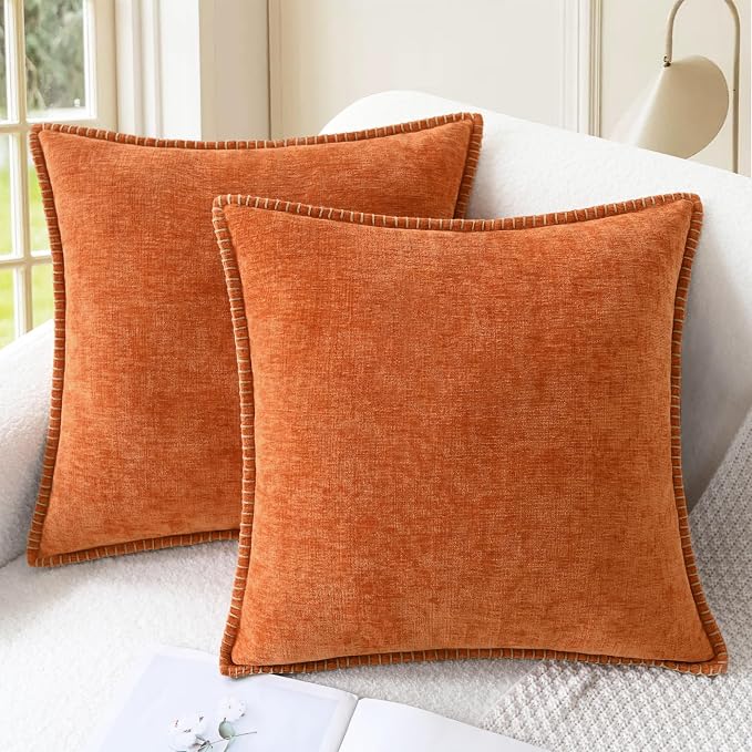 CaliTime Fall Decorative Throw Pillow Covers 24 X 24 Inches Burnt Orange | Pack of 2, Cozy Chenille Cushion Cases, Cotton Thread Stitching Edges, for Couch Sofa Bed Living Room Farmhouse