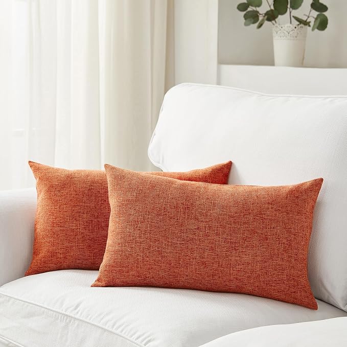 Meekio Set of 2 Burnt Orange Throw Pillow Covers 12x20, Fall Linen Blend Decorative Pillow Covers for Couch Sofa Bed, Fall Decorations for Home