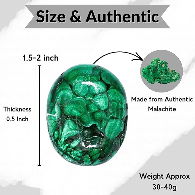 Amazing Gemstone Malachite Crystals and Healing Stones - Large Palm Stone Crystals Piedra - Crystal for Good Luck, Balanced Positive Energy, Meditation - Unique Stocking Stuffers, Gifts for Women