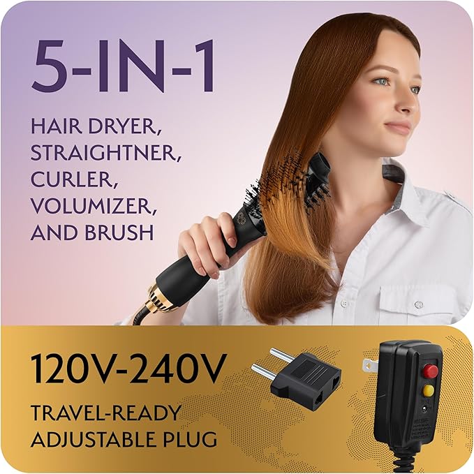 Professional Blowout Hair Dryer Brush, Manual Dual Voltage for European Travel 110V-120V/220V-240V, Black Gold Dryer and Volumizer, Hot Air Brush for Women, 2.4 INCHES Oval Shape