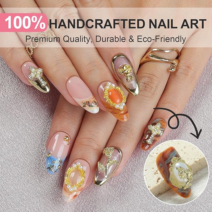 Handmade Press On Nails Almond - Luxury 3D Design Fake Nails with French Tips Short, Salon Quality | 3 Sizes - 10 Acrylic Nail Kit