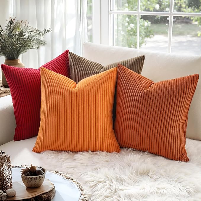 MIULEE Fall Decorative Corduroy Throw Pillow Covers Set of 2 22x22 Orange | Soft Striped Textured Cushion Cases, Boho Energetic Vibe Pillowcases for Home Decor, for Couch Chair Sofa Bed Living Room