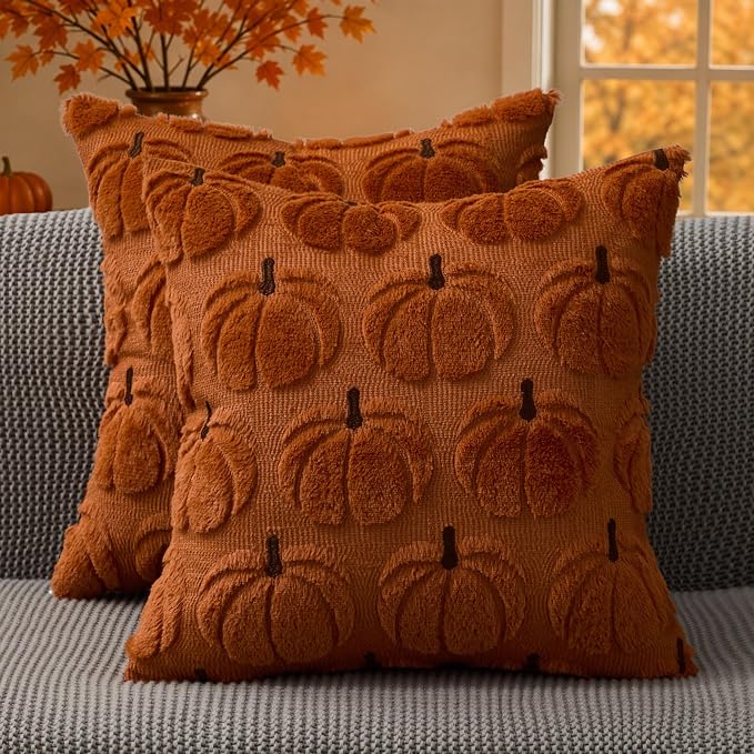 DFXSZ Fall Pillow Covers 18x18 2Pcs Rust Brown Pumpkin Fall Decorations | Fall decor Set of 2 Throw Pillow Cases Soft Plush Faux Fur Wool Couch Cushion for Chair Sofa Bedroom Living Room Home Decor