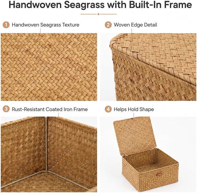 Square Handwoven Seagrass Wicker Storage Baskets with Lids, Set of 3 | Attached lids and internal iron frames help each basket hold its shape; compatible with IKEA KALLAX cube shelving.