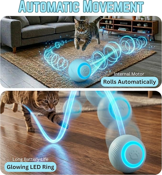 Interactive Cat Toy Ball - Automatic Interactive Cat Toys for Indoor Cats, Rechargeable Cat Enrichment Toys for Small/Medium/Large Cats to Keep Them Busy