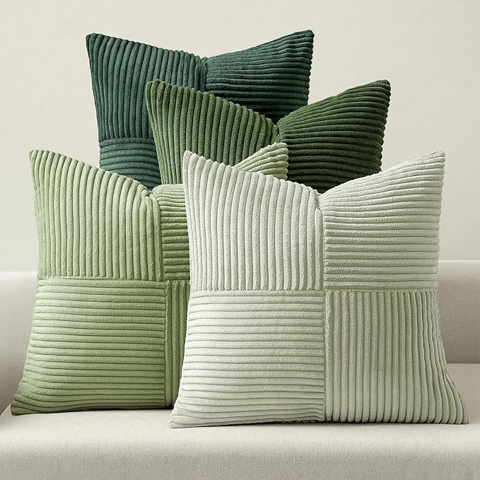 MIULEE Spring Green Decorative Throw Pillow Covers 16x16 Inch Set of 4 Boho Farmhouse Cushion Covers Mordern Nordic Pillow Cases Soft Corduroy Gradient Home Decor for Couch Sofa Living Room Bed