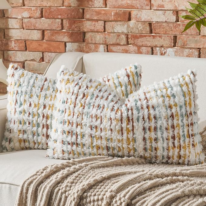 Set of 2 Boho Chenille Pillow Cover Decorative Tufted Pillowcase for Couch Bed Sofa Bedroom Living Room Modern 12 x 20-Inch Brown White