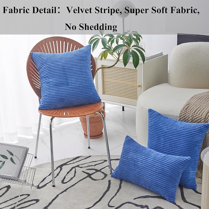 Home Brilliant Blue Pillow Cover 20 x 20 Striped Velvet Pillow Case Square Solid Decorative Throw Pillow Cover for Bedroom Couch Chair Car, 20x20 inch (50cm), Blue