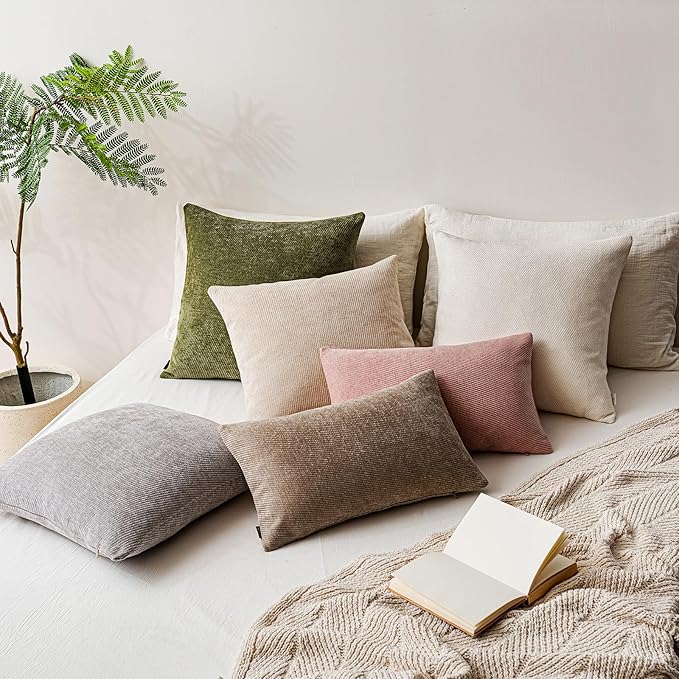 a moment Pack of 2 Decorative Chenille Throw Pillow Covers with Twill Cushion Covers for Sofa Living Room Couch Bed 16x16 Inch Beige