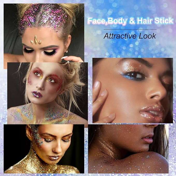 Gold Body Glitter Stick, Face Hair Glitter Makeup, Yellow Chunky Sequins for Carnival & Concerts, Waterproof Shimmer Body Paint for Adults, Women & Kids Rave Accessories, Hair Glitter Gel, 0.56oz