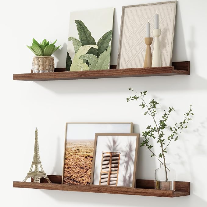 Picture Ledge Shelf, Floating Shelves for Wall, 32" W Set of 2, Brown | FSC Certified Engineered Wood, Wall Mounted Bookshelf, for Nursery Living Room Bedroom, Pre-Drilled, Easy Install