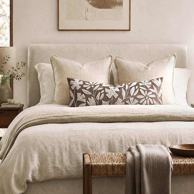 Long Lumbar Pillow Cover 14x36 for Bed, Taupe Brown Floral Tufted Velvet Accent Oversize Throw Pillowcase for Bedroom, Cover Only