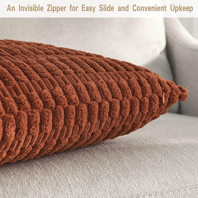 Volcanics Pack of 2 Rust Decorative Throw Pillow Covers 20x20 Inch | Soft Corduroy Striped Square Cushion Cases, Modern Farmhouse Boho Home Decor for Couch Bed Sofa Living Room