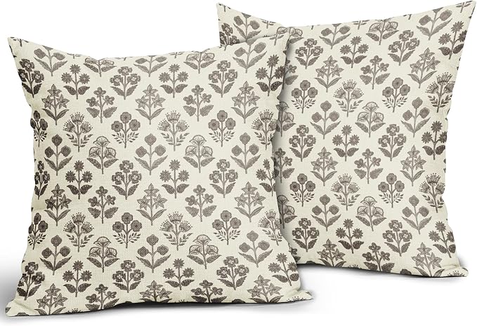 Dark Brown Floral Pillow Covers 20x20 Inch Set of 2, Vintage Flower Block Print Pattern Decorative Throw Pillowcases Outdoor Farmhouse Cushion Covers Spring Summer Rustic Sofa Couch Bed Decor