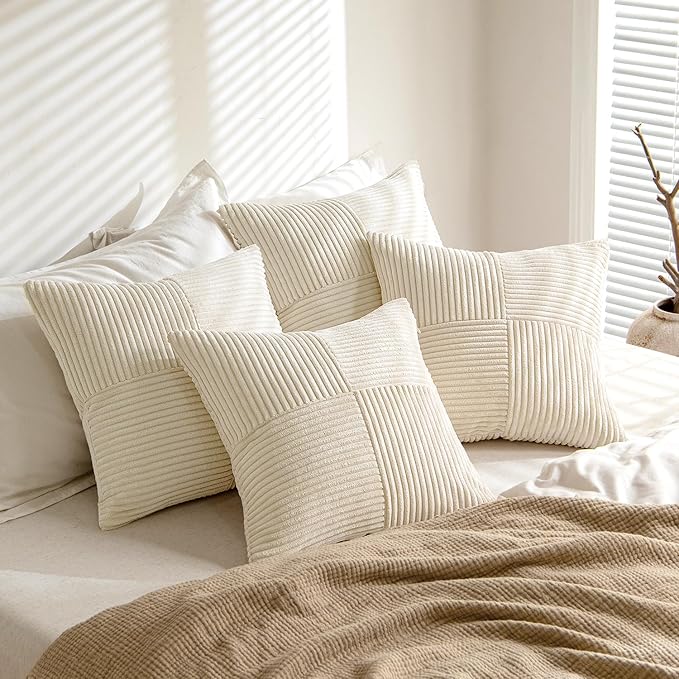 MIULEE Beige Throw Pillow Covers 16x16 Inch Set of 4 Boho Patchwork Cushion Cases Modern Farmhouse Pillow Cases with Invisible Zipper Corduroy Striped Home Decor for Couch Sofa Bedroom