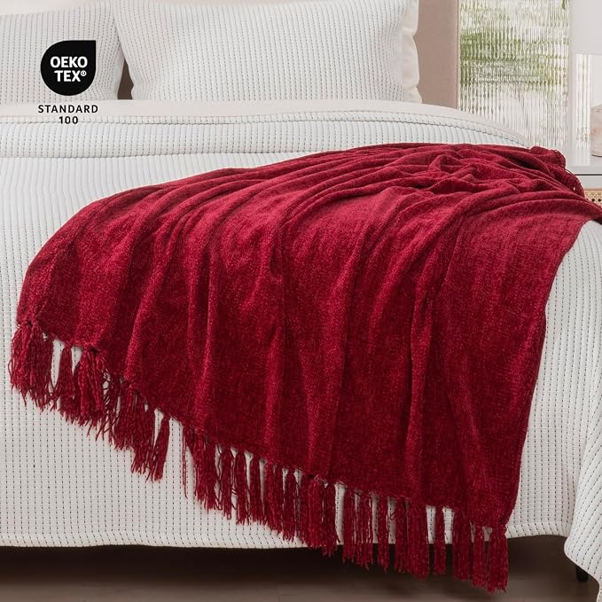 RECYCO Chenille Christmas Throw Blanket for Couch, 50"x60", Christmas Red | Super Soft Knit Throw Blanket with Fringe Tassels, Lightweight Knitted Throw, Cozy, Ideal for Sofa Chair Bed Living Room Gift