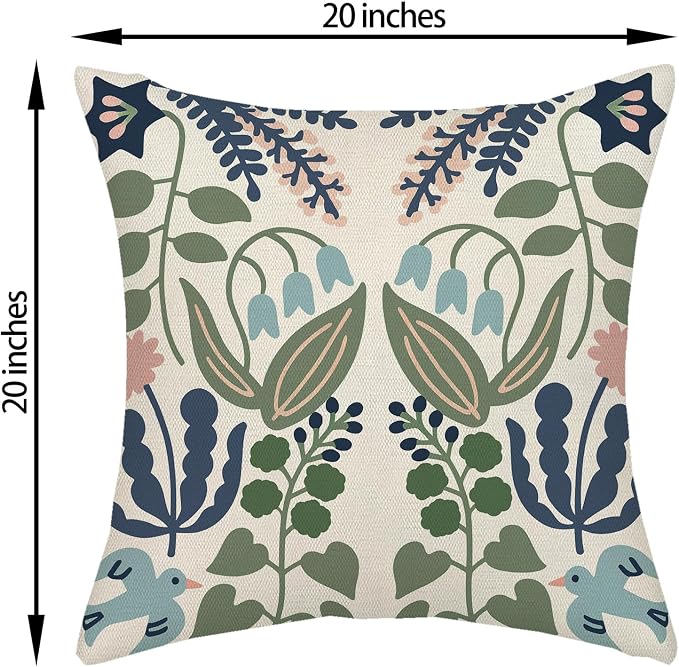 Boho Navy Blue Green Flower Pillow Covers 20x20 Inch Set of 2 Sage Green Floral Throw Pillows Vintage Flower Outdoor Pillowcase Linen Seasonal Decorations Farmhouse Cushion Case for Sofa Home