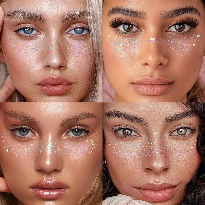 8pcs Glitter Freckles Face Tattoo for Body and Face, Face Glitter Patches for Women, Glow Up Makeup Patches Cosmetic Glitter for Festival Rave Prom (8PCSB holographic multicolor)