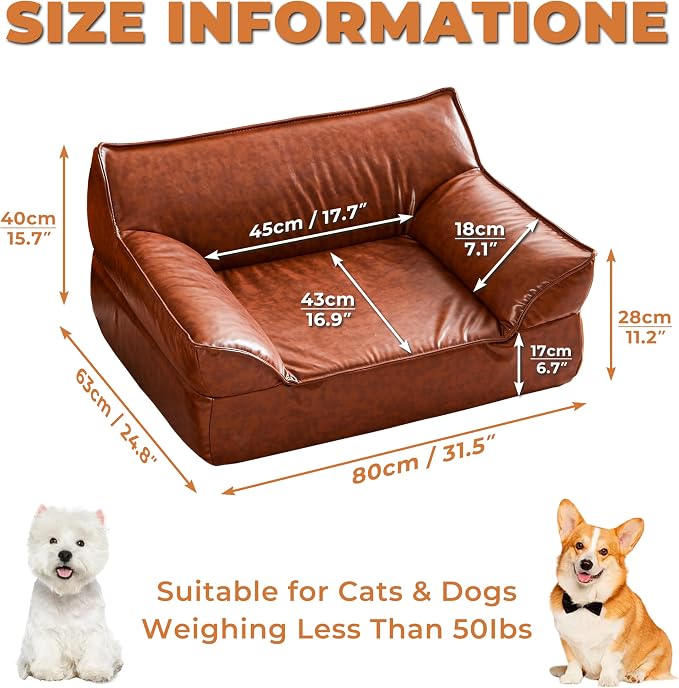 Dog Couch Bed Leather Cat Sofa for Small and Medium Pets Under 50 lbs | Brown Mid Century Modern Elevated Dog Sofa Chair, Luxurious Indoor Furniture Style Pet Supplies for Puppy