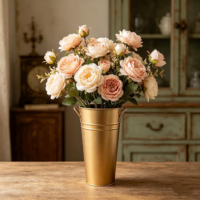 Hosley Set of 2 Gold Bucket/Pot Vase with PVC Liner, 6.25" L x 5" W x 9" H Ideal Gift for Floral Arrangements Wedding Home Office Party DIY Indoor Outdoor Garden Patio