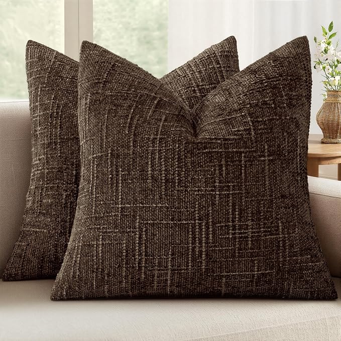 MIULEE Chenille Textured Throw Pillow Covers Reddish Brown 20x20 Set of 2 | Slubby Decorative Pillows, Boho Farmhouse Fall Home Decor, Modern Neutral Cushion Covers for Couch Sofa Bed Living Room