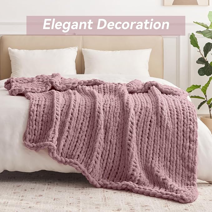 Negwoo Chunky Knit Throw Blanket, Knitted Throw Chenille Yarn, 40"*50" | Soft Thick Cable Knitted Blankets, Handmade Big Thick Blanket, Machine Washable Cute Comfy Blanket for Home Decor, Muted pink