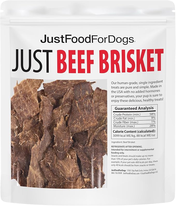 JustFoodForDogs Single Ingredient Healthy Dog Treats and Dog Snacks, Jerky Treats, Human Grade, Preservative and Grain Free, Rawhide Free Chews, Low Calorie Treat - Beef Brisket, 5 oz | Human Grade Beef Treats for Dogs, Jerky Dog Snacks, Preservative &...