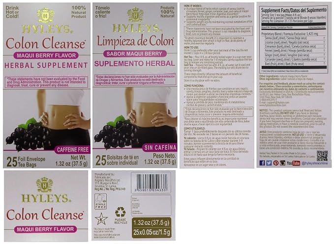 Hyleys Colon Cleanse Tea Maqui Berry Flavor - 25 Tea Bags (1 Pack)