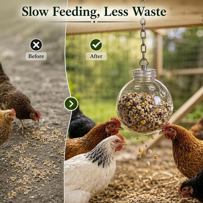 Premium Chicken Treat Dispenser Hanging Chicken Peck Toy with Chain Slow Feeding Design for Hens Poultry Coop Farm Decor 2 Pack