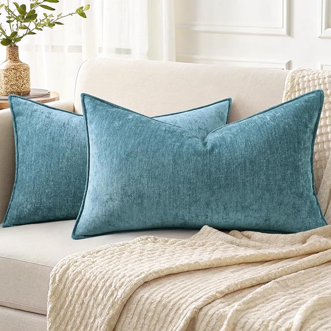 decorUhome Chenille Teal Velvet Throw Pillow Covers 12x20 Set of 2 | Fall Soft Lumbar Couch Decorative Modern Farmhouse Pillow Cases with Elegant Design for Sofa Bed Living Room Home Decor