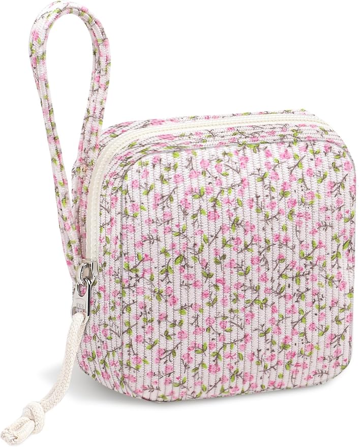 Small Makeup Bag | Discreet Period Bag Pad Pouch for Purse | Sanitary Napkin Storage & Tampon Holder for Travel (Flower Pink)