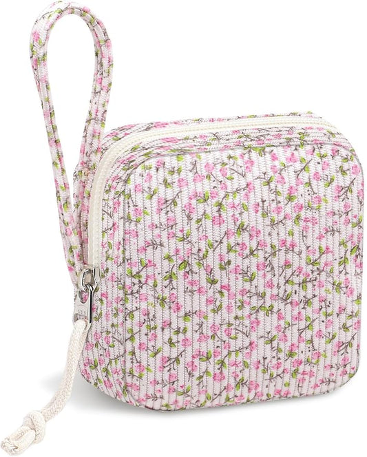 Small Makeup Bag | Discreet Period Bag Pad Pouch for Purse | Sanitary Napkin Storage & Tampon Holder for Travel (Flower Pink)