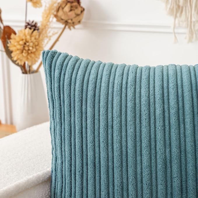 UGASA Velvet 12x20 Inch Lumbar Soft Throw Pillow Cover Boho Farmhouse Decorative Corduroy Striped Both Sides Solid Rectangular Cushion Case for Couch Bedroom Sofa Home, 1 Piece, Blue Grey