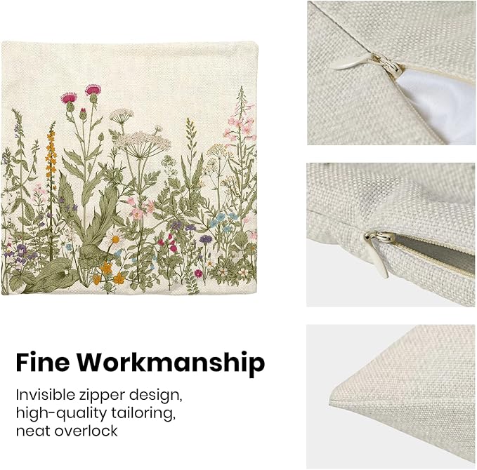 AEIOAE Sage Green Pillow Covers 22x22 Inch Set of 2, Spring Wildflower Plant Throw Pillows Case,Seasonal Floral Outdoor Decorative Flowers Farmhouse Decor Cushion Covers for Home Sofa Bed Couch